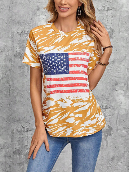 Flag Print T-shirt Crew Neck Casual